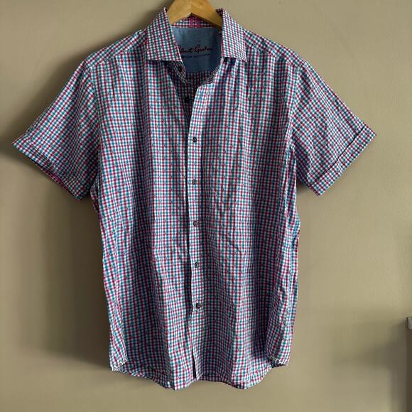 Robert Graham Plaid Short Sleeve Casual Button Down Shirt Pink and Blue Large - Picture 1 of 7
